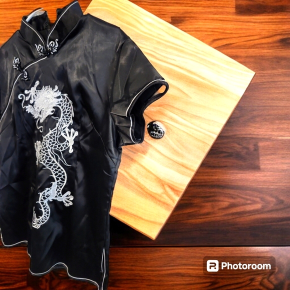 Traditional Chinese Black Satin Shirt with Dragon Embroidery - Picture 5 of 7